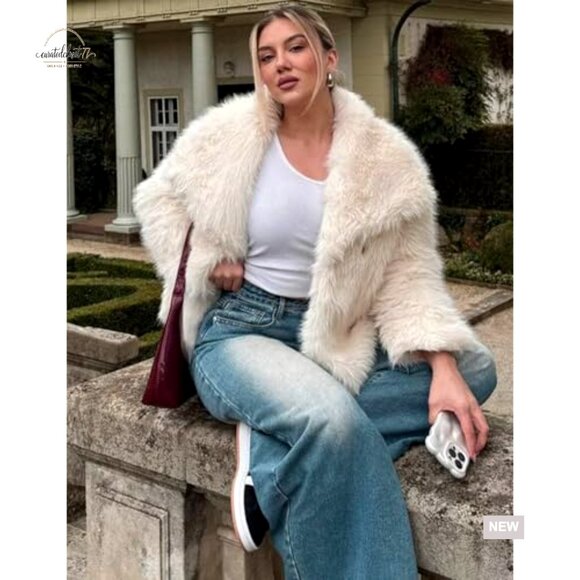 Faux Fur Jacket Cropped Lapel Button Down Winter Outerwear - Picture 5 of 7